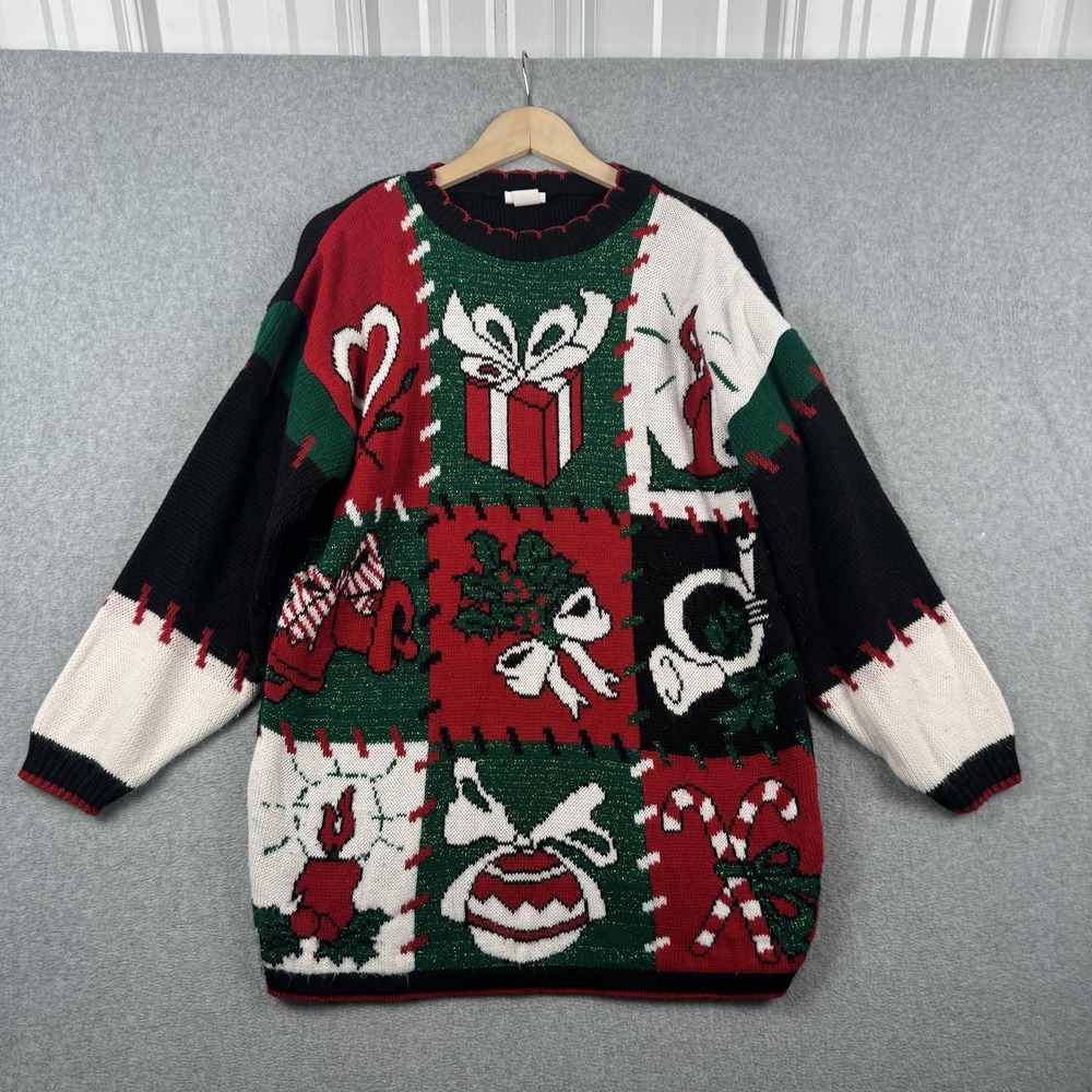 Holiday Time Sweater Womens Medium Red Green Christmas Patchwork Glitter Knit